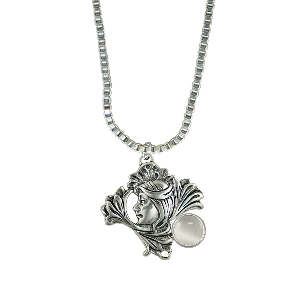 Sterling Silver Woman Maiden of the Lotus Flower Pendant Necklace With White Moonstone